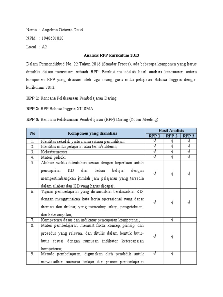 Analisis Kesesuaian RPP Kurikulum 2013 | PDF