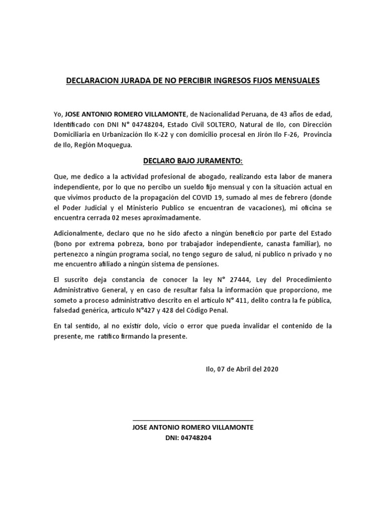 Declaración Jurada de No Percibir Ingresos | PDF | Política | Ciencias ...