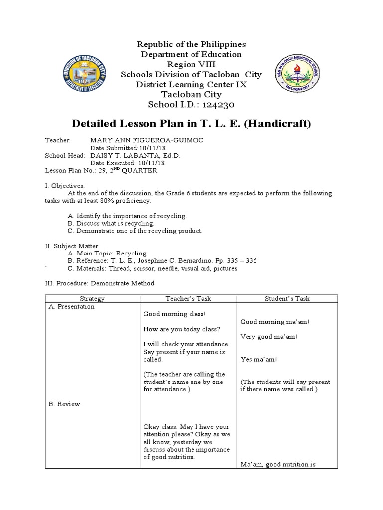 Detailed Lesson Plan In T L E Handicraft Pdf Recycling