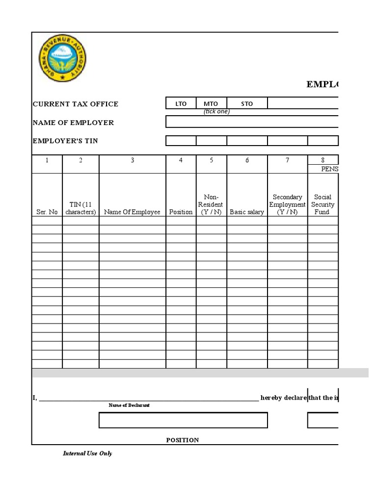 Ghana Revenue Authority Employer'S Monthly Tax Deductions Schedule (P. A. Y. E.) PDF