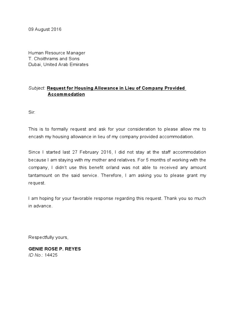 Request For Housing Allowance in Lieu of Company Provided 