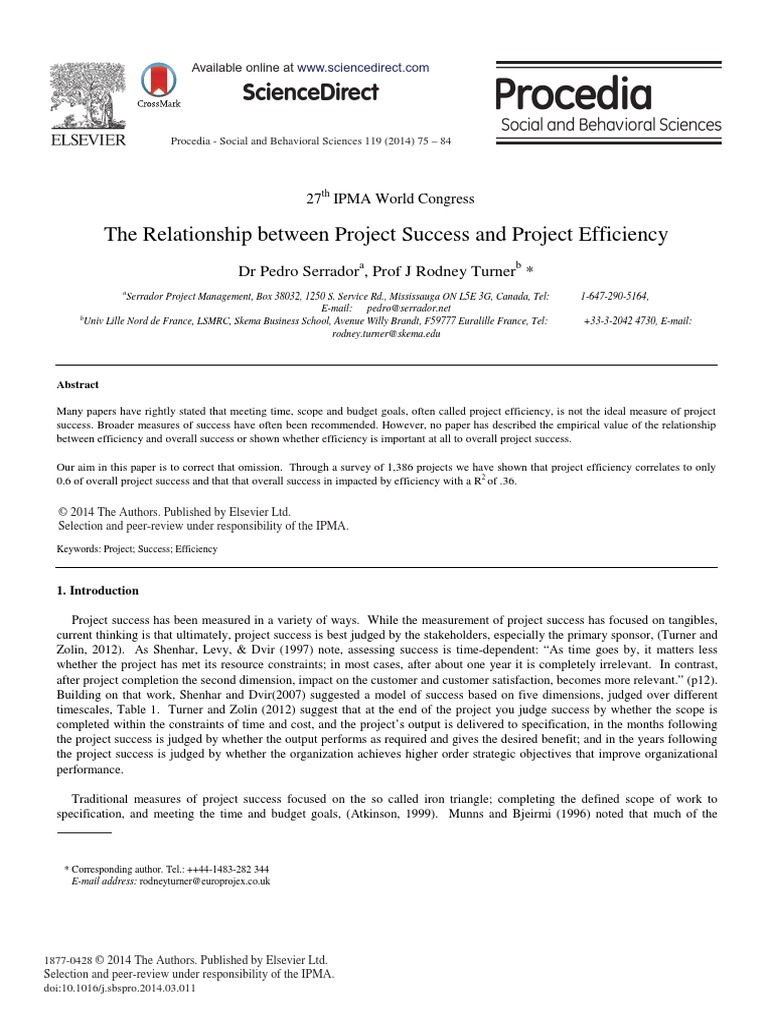 Sciencedirect: The Relationship Between Project Success and Project ...