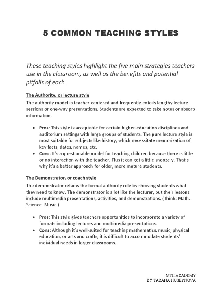 5 Common Teaching Styles PDF Teachers Lecture