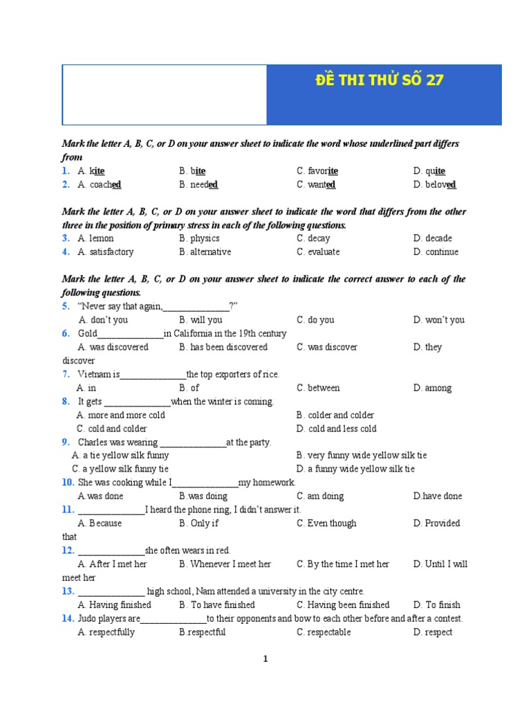 English Practice Test 27 Questions | PDF | News | Science