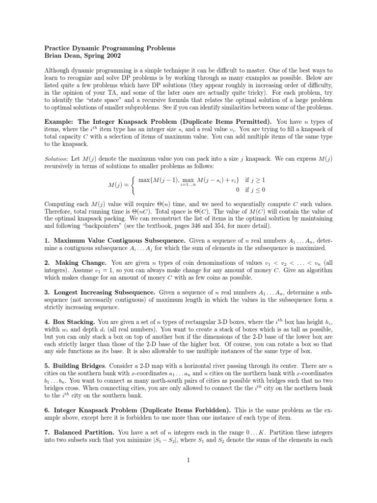 Practice Dynamic Programming Problems Brian Dean Spring 2002 | PDF ...