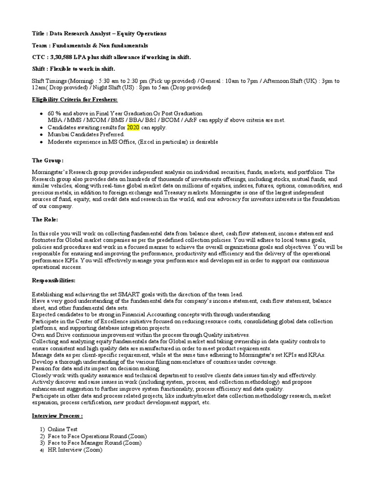 Data Analyst Job in Equity Operations | PDF | Financial Analyst | Data ...