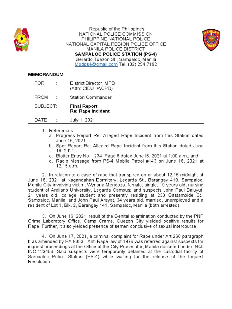 Sampaloc Police Station (Ps-4) | PDF | Rape | Police