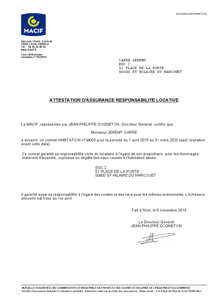 Macif - Attestation Responsabilité Civile Locative | PDF