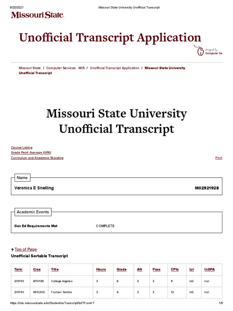 Missouri State University Unofficial Transcript | PDF | Business