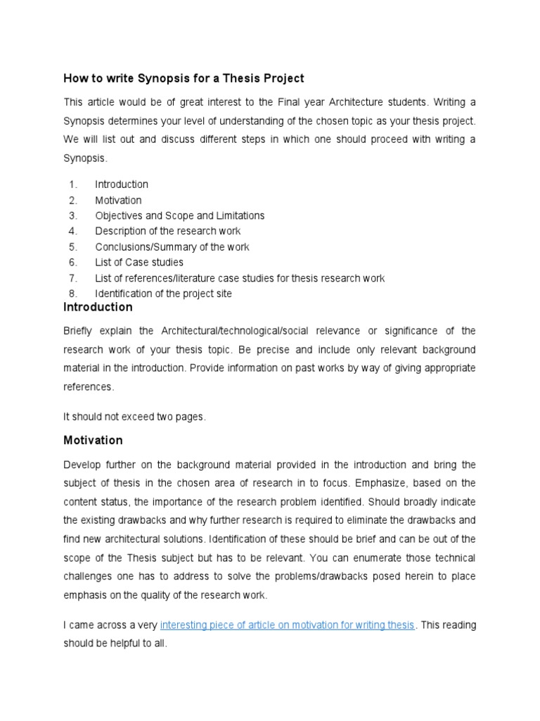 Thesis Project Synopsis Guide for Architects | PDF | Thesis | Case Study