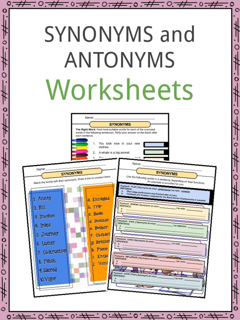 Sample SYNONYMS and ANTONYMS Worksheets PDF Part Of Speech License