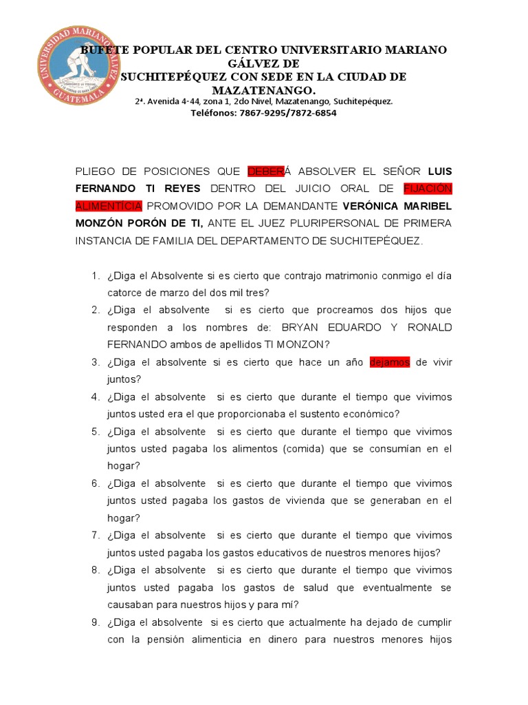 Pliego de Posiciones Juicio Oral de Alimentos 2 PDF Business