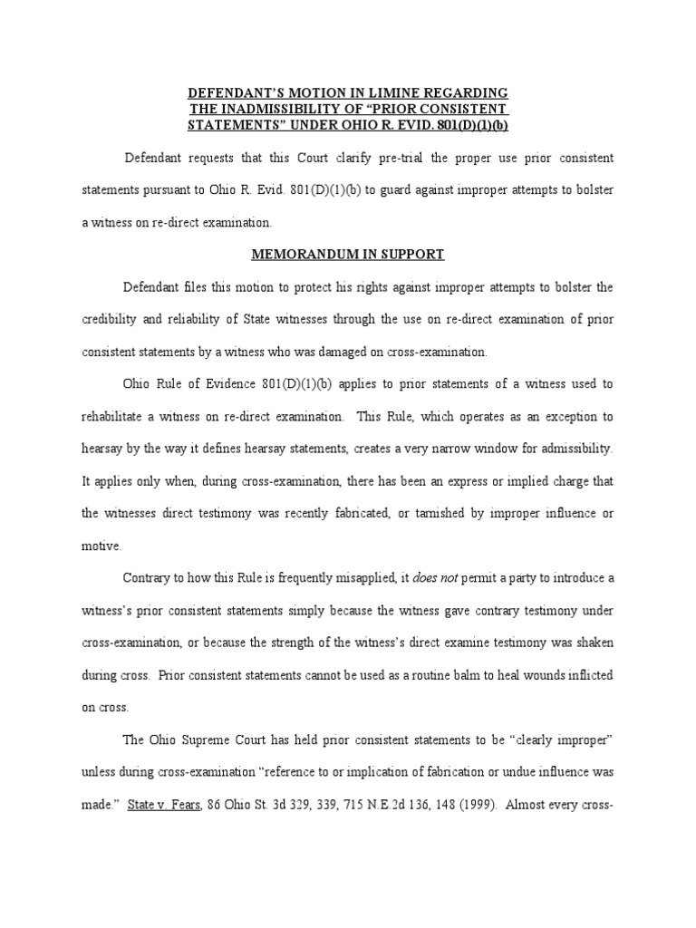 Defendant'S Motion in Limine Regarding The Inadmissibility of "Prior