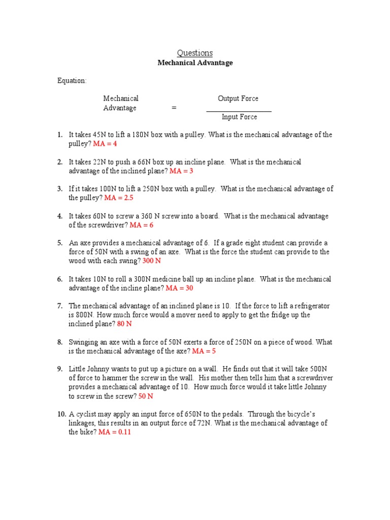 Mechanical Advantage Practice Problems | PDF | Machines | Tools