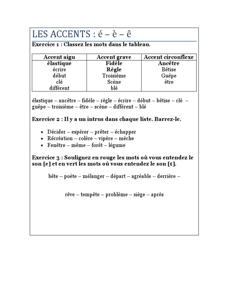 Exercice Sur Les Accents Ce2 à Imprimer Les Accents | PDF