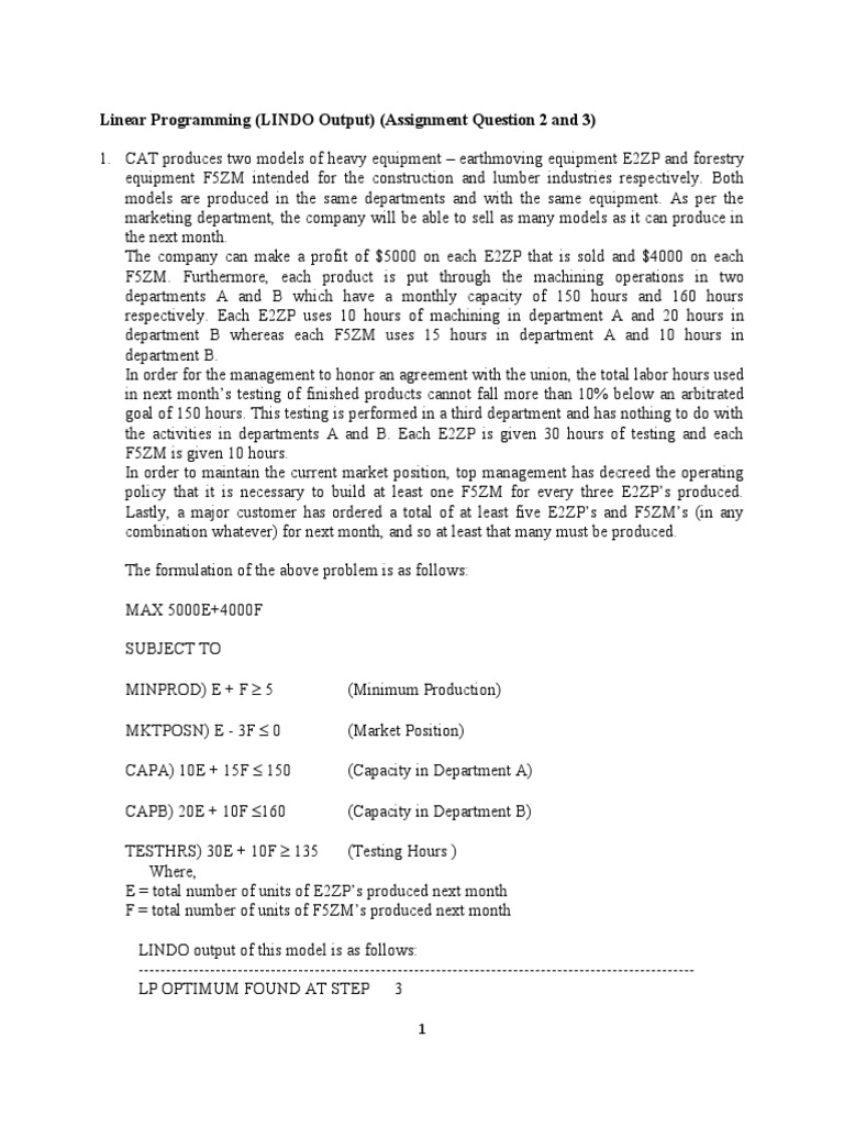 Linear Programming (LINDO Output) (Assignment Question 2 and 3) | PDF ...