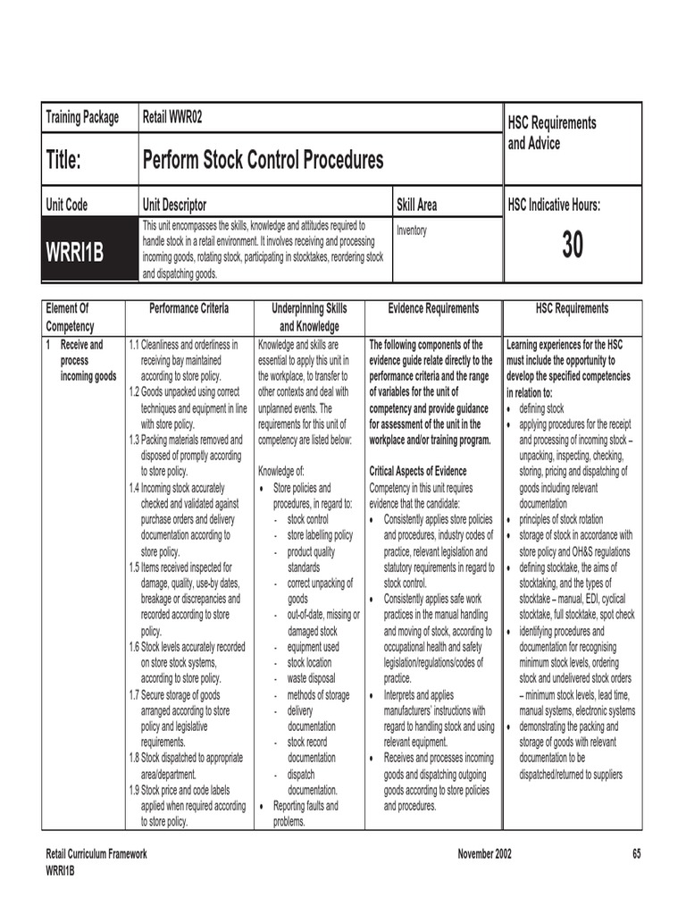 Perform Stock Control Procedures PDF Competence (Human Resources