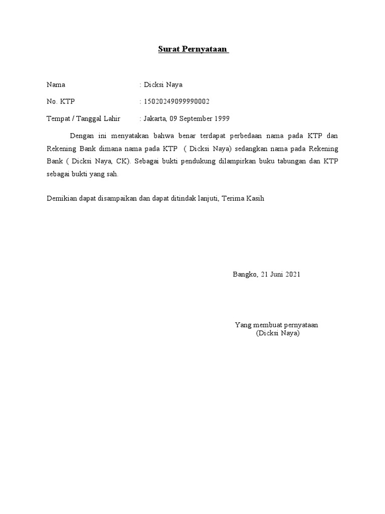 Surat Pernyataan Rekening Pribadi Beda Nama Ktp Pdf