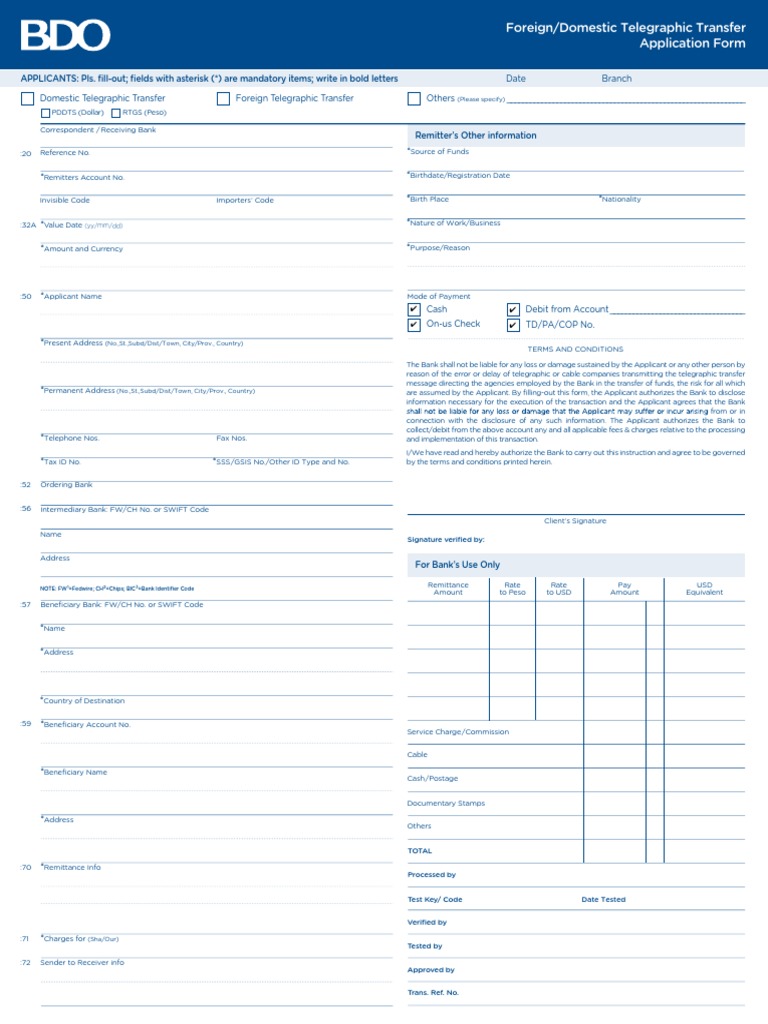 BDO Telegraphic Transfer Application Form | PDF | Debit Card ...