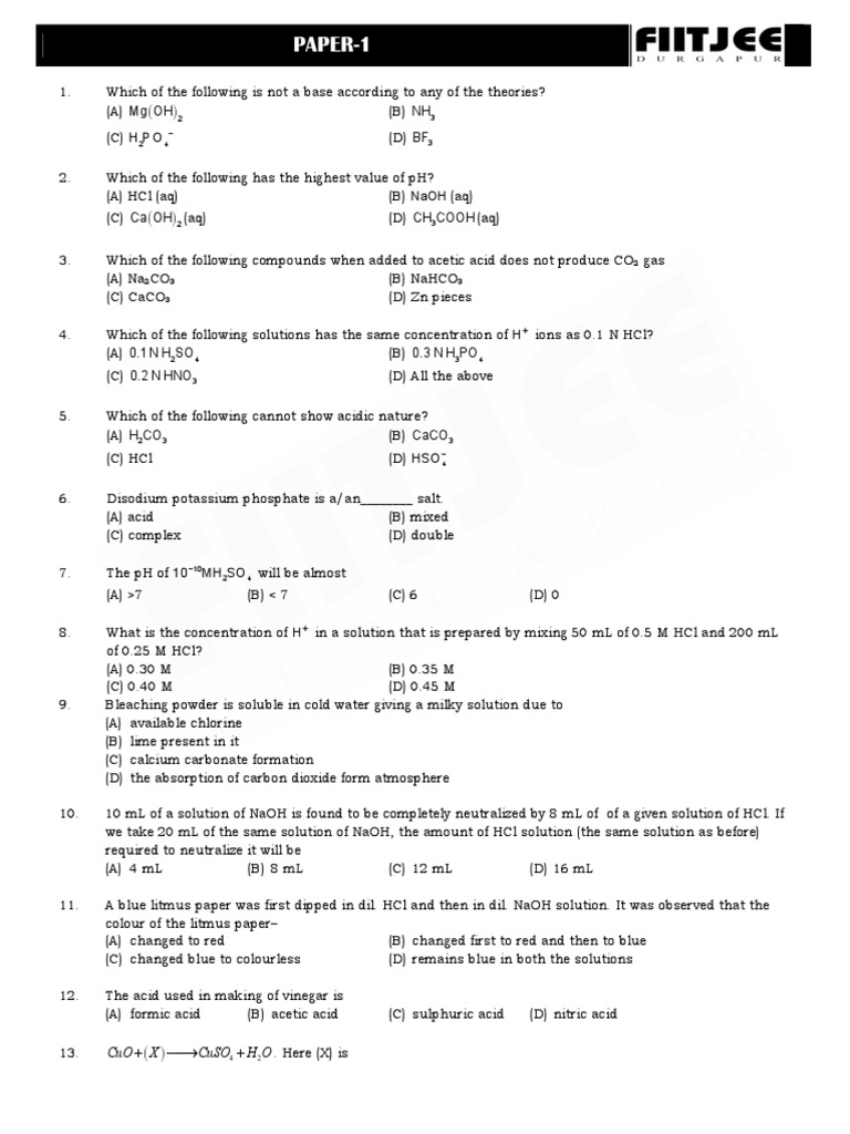 Acid-Base Chemistry Quiz Questions | PDF | Acid | Salt (Chemistry)