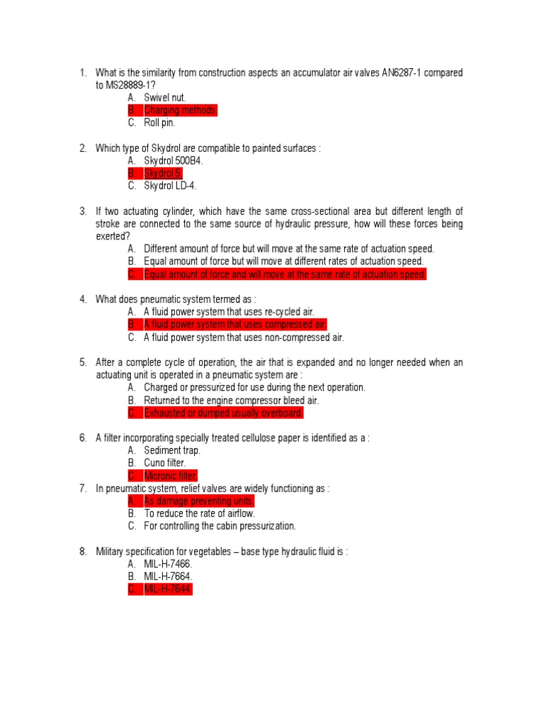 Hydraulic and Pneumatic Systems Review Answers to Multiple Choice