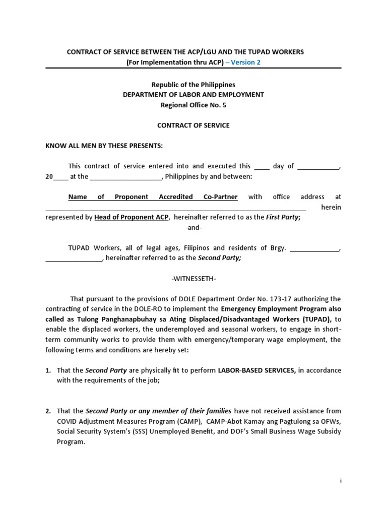 Annex I Contract of Service ACP Revised | PDF | Government | Labor