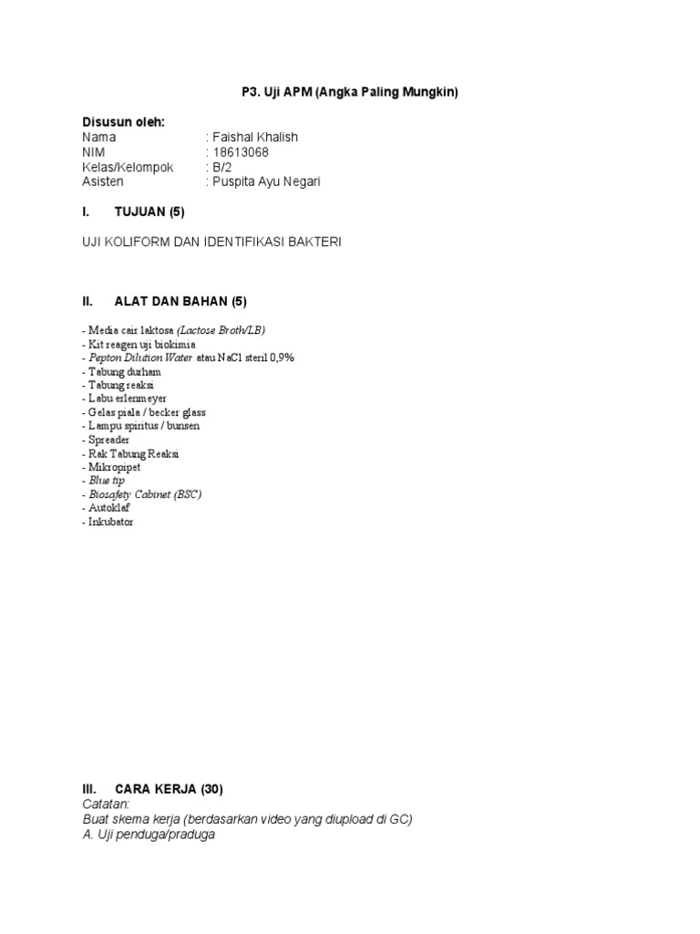 Uji APM: Metode dan Hasil Koliform | PDF
