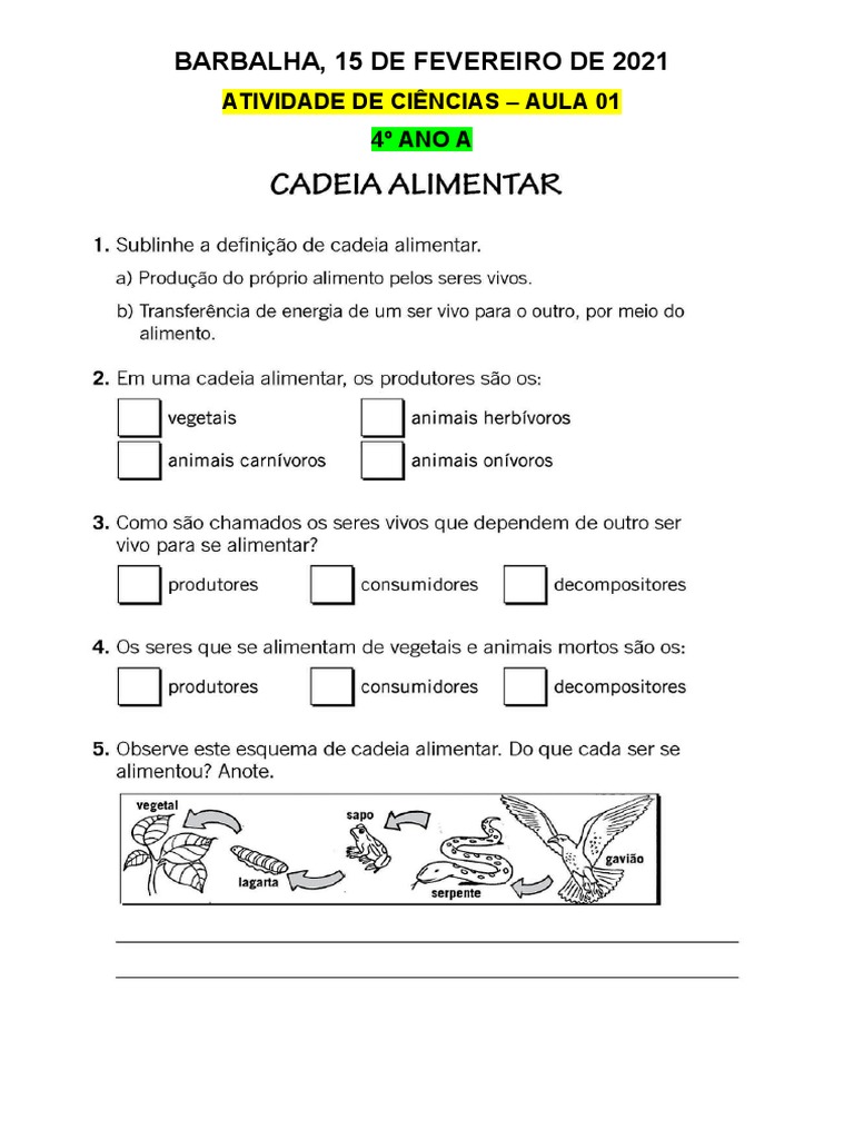 Atividade de Ciências: Cadeia Alimentar 4º Ano | PDF