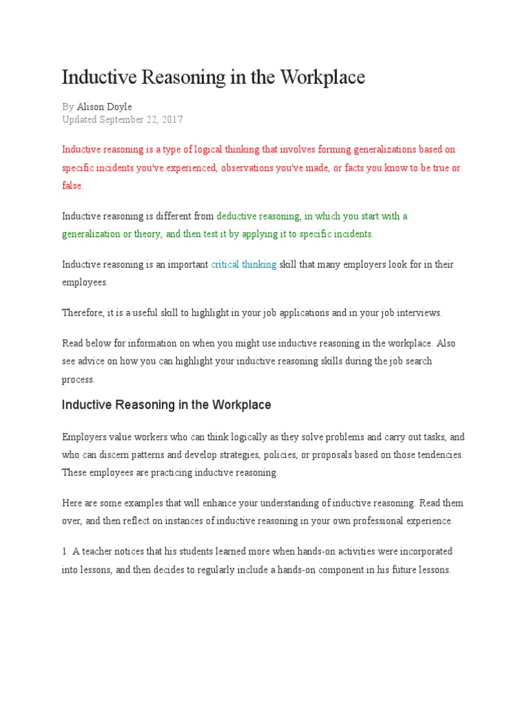 Inductive Reasoning in The Workplace | PDF | Inductive Reasoning | Reason