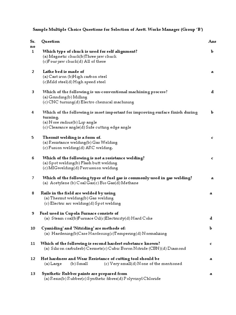 Sample MCQs For AWM Selection PDF Electric Motor Numerical Control