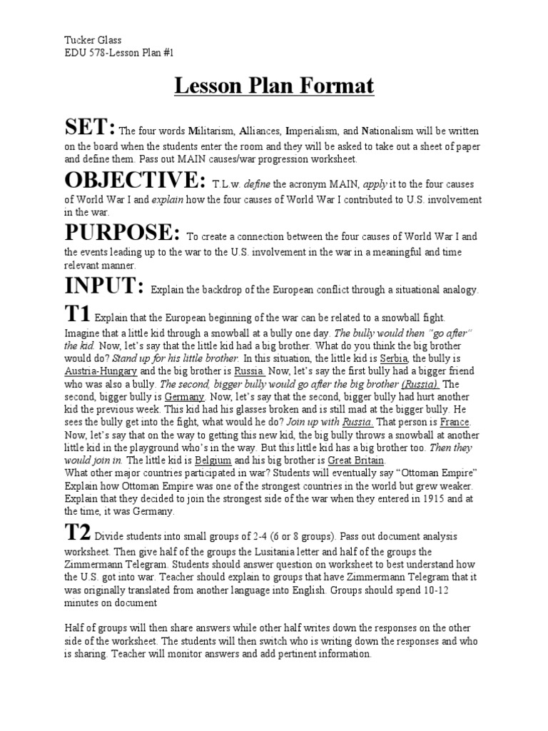 Lesson Plan Format Set: Objective: Purpose: Input: T1 | PDF