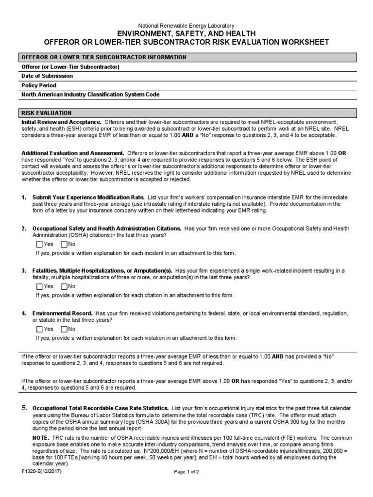 EMR Risk Evaluation for Subcontractors | PDF | Occupational Safety And ...