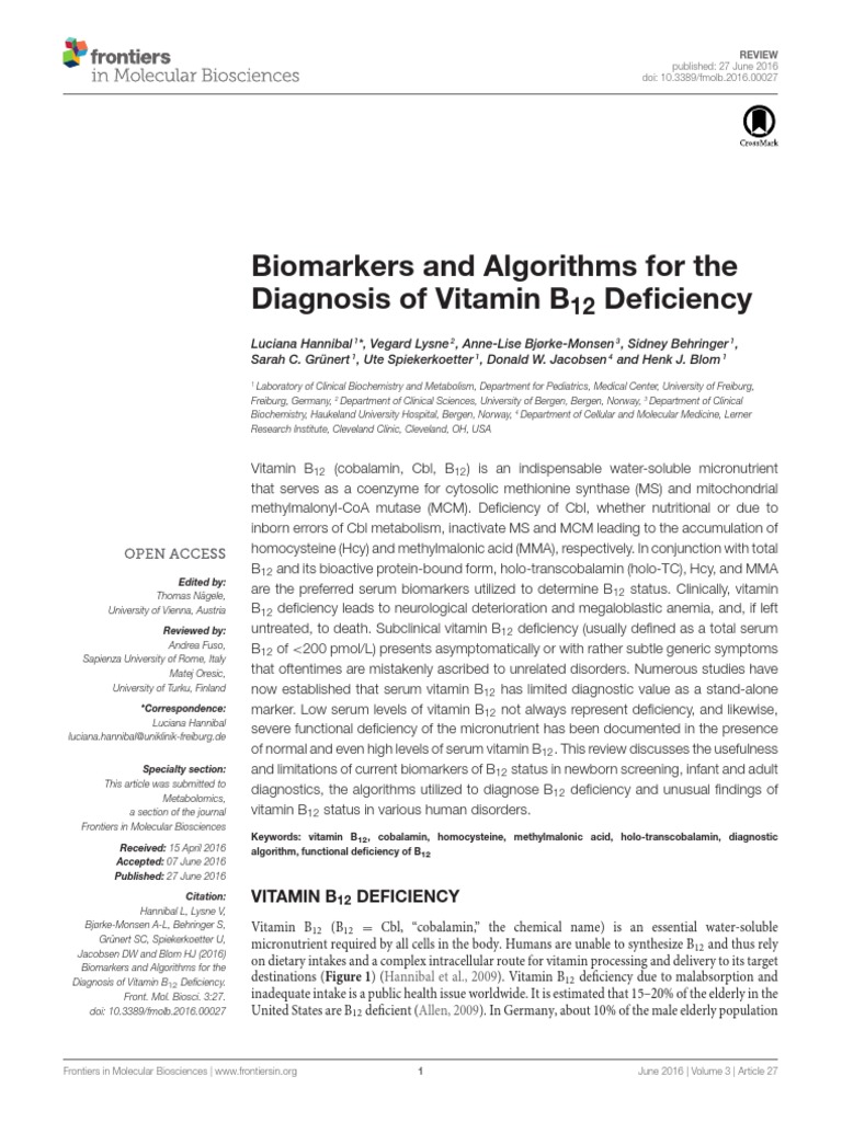 Biomarkers and Algorithms For The Diagnosis of Vitamin B Deficiency ...