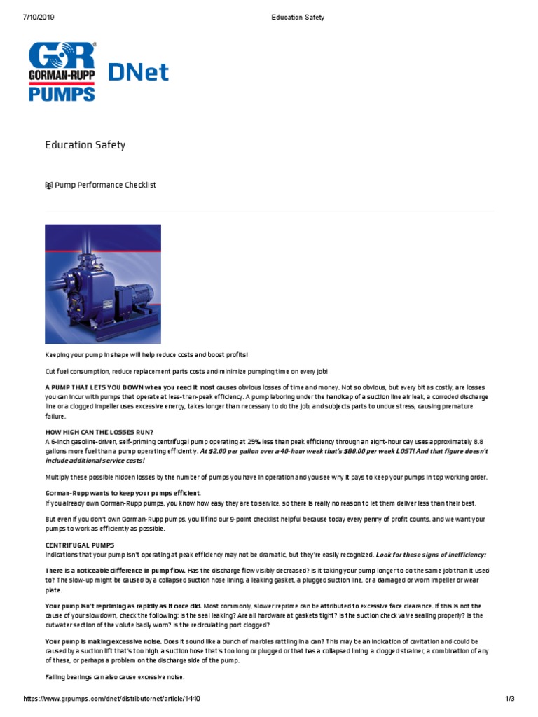 Education Safety: Pump Performance Checklist | PDF | Pump | Mechanical ...