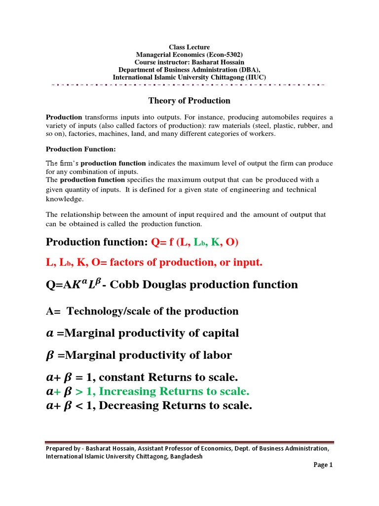 Managerial Economics: Theory of Production | PDF | Production Function ...