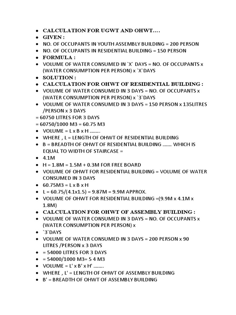 CALCULATION FOR UGWT AND OHWT For Services Sem 9 | PDF | Volume ...