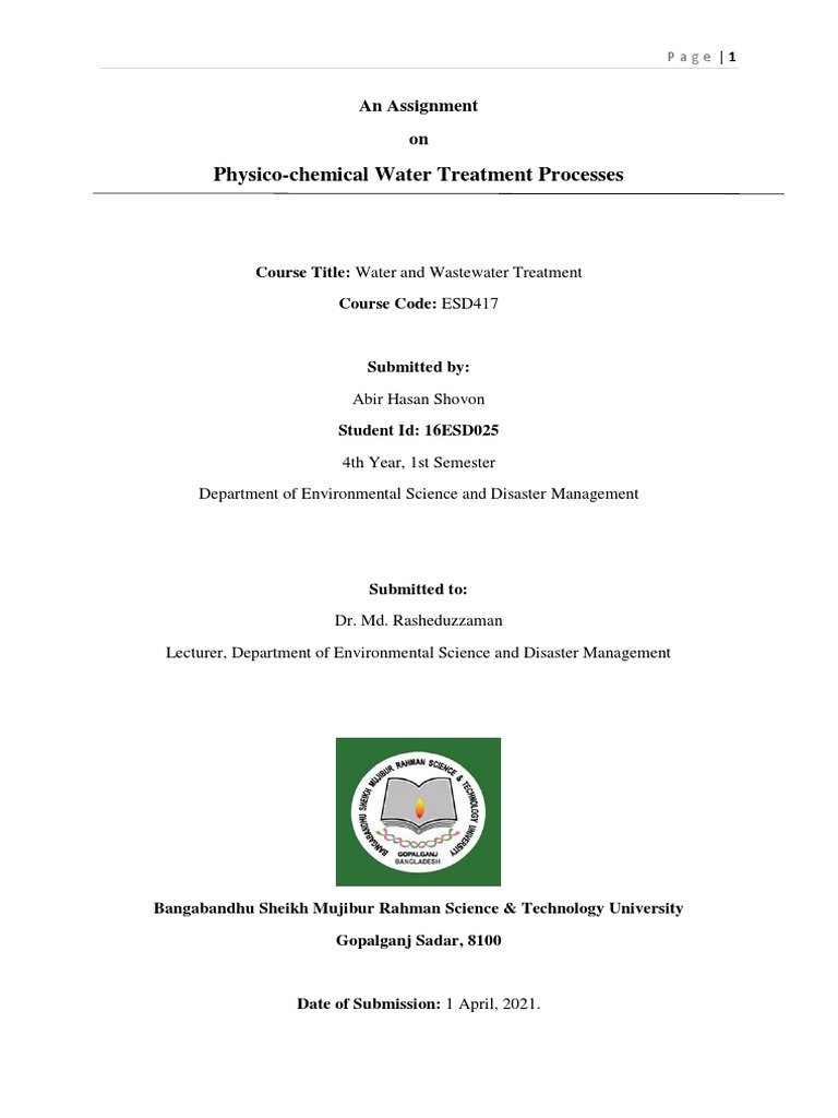 PhysicoChemical Water Treatment Processes Course Title Water and