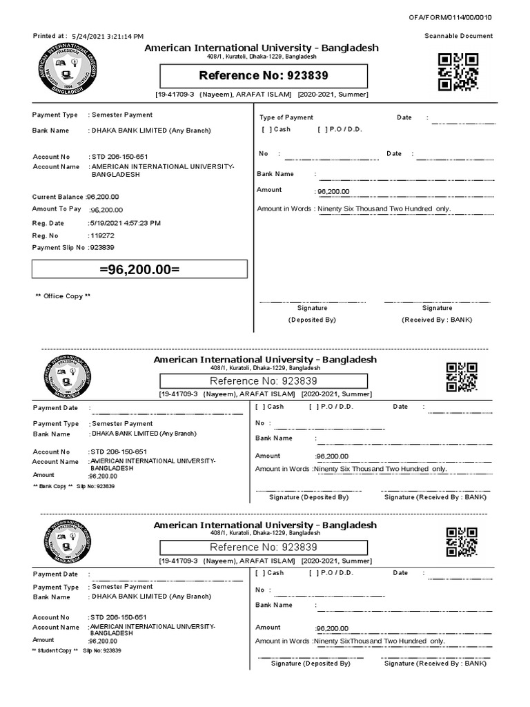 AIUB Payment Slip for Semester Fees | PDF | Payments | Banks