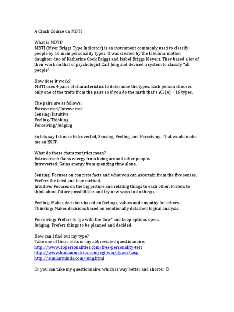 A Crash Course On MBTI PDF Scientific Theories Psychological Theories