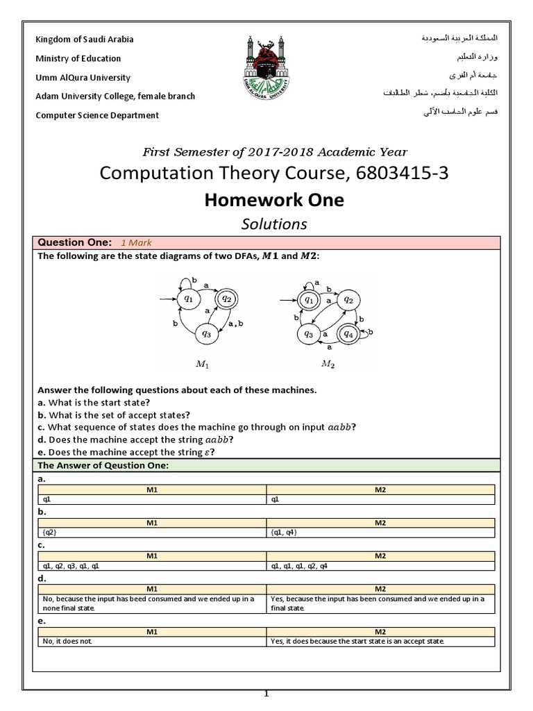 Computation Theory Course, 6803415-3: Homework One | Download Free PDF ...