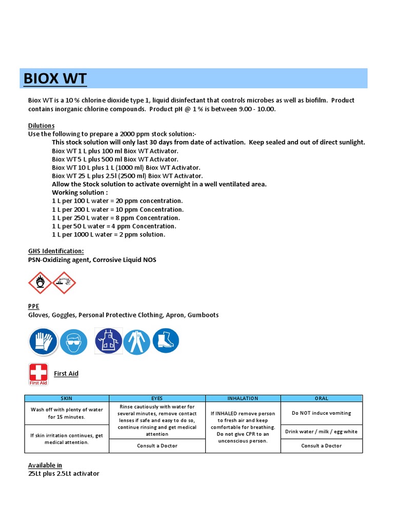 Biox WT Disinfectant Usage Guide | PDF