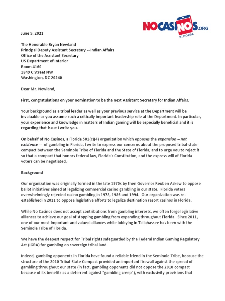No Casinos Letter To The Department of The Interior | Download Free PDF ...