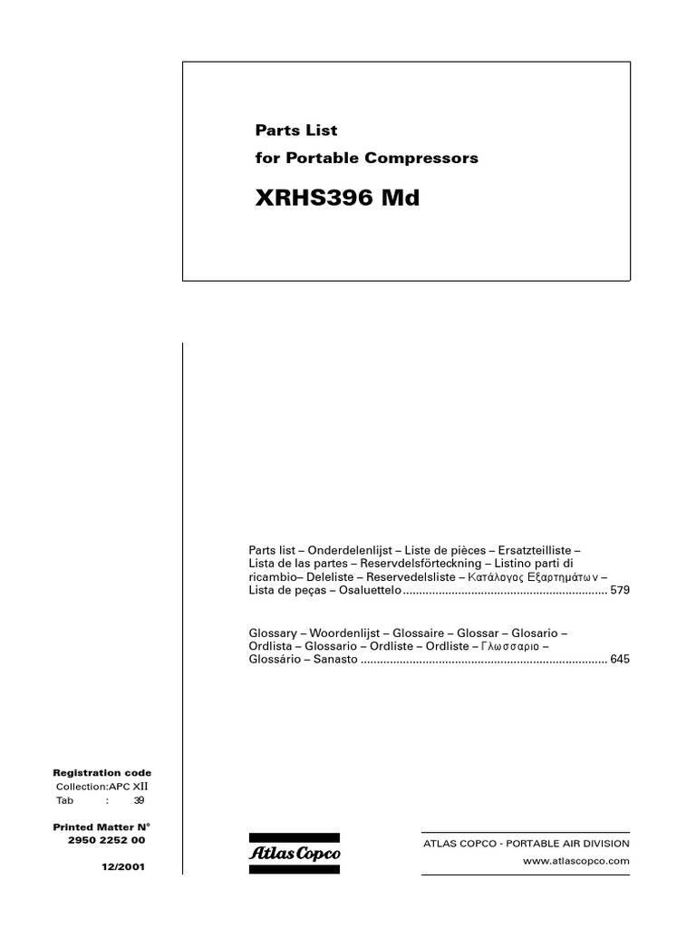 XRHS396 MD: Parts List For Portable Compressors, PDF