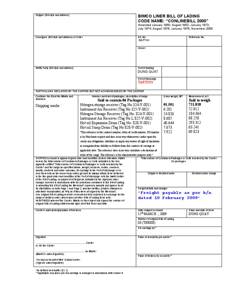 bill Bill Of Lading Cargo