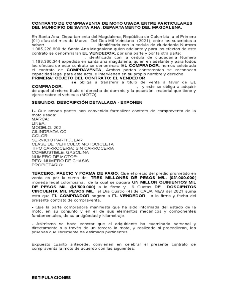 Contrato de Compraventa de Moto Usada Entre Particulares | PDF | Business