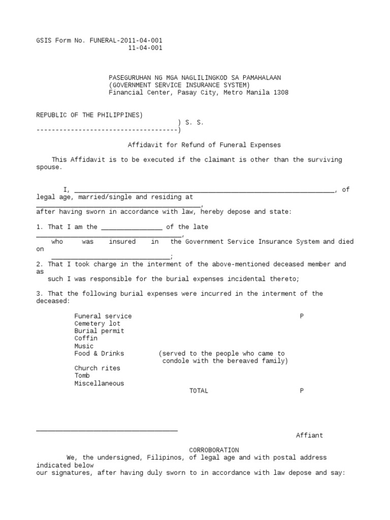 GSIS Funeral Expense Affidavit Form | PDF | Affidavit | Burial