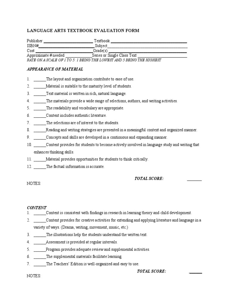 Language Arts Textbook Evaluation Form