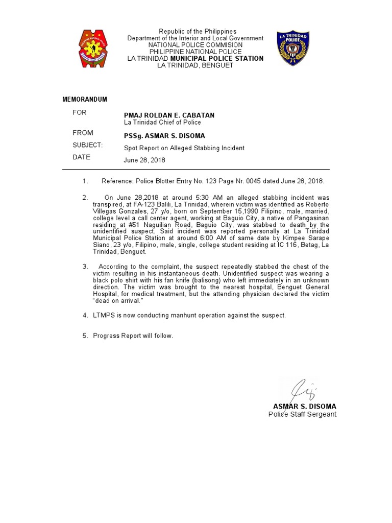 Spot Report On Alleged Stabbing Incident | PDF