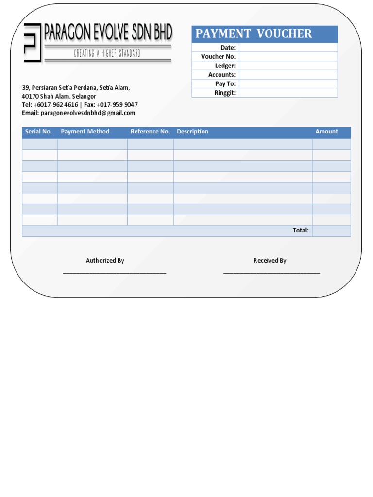 Payment Voucher: Date: Voucher No. Ledger: Accounts: Pay To: Ringgit ...