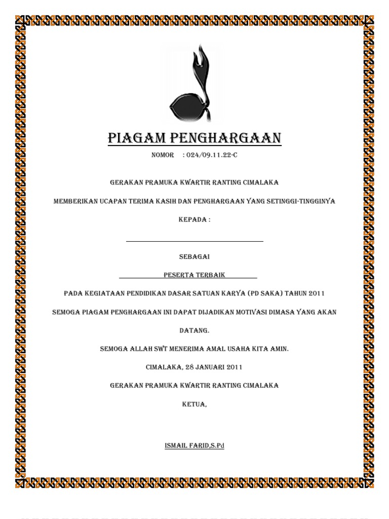 Contoh Piagam Penghargaan Ucapan Terima Kasih